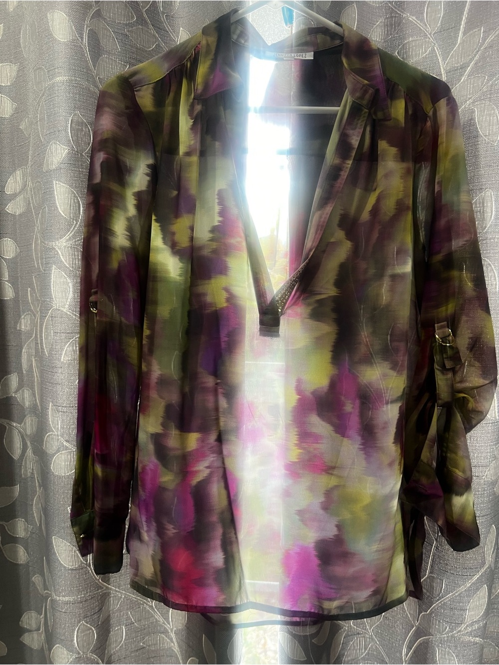 Jennifer Lopez Olive Green and Purple Sheer V-Neck Blouse